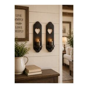 Vtg Black Country Wooden Wall Sconces w/ Heart Cutouts Candle Holder Farmhouse